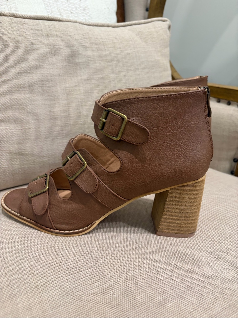 Brown Leather Buckle Heels
